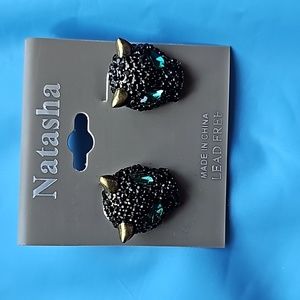 Panther Cat Rhinestone Embellished Earrings NWT